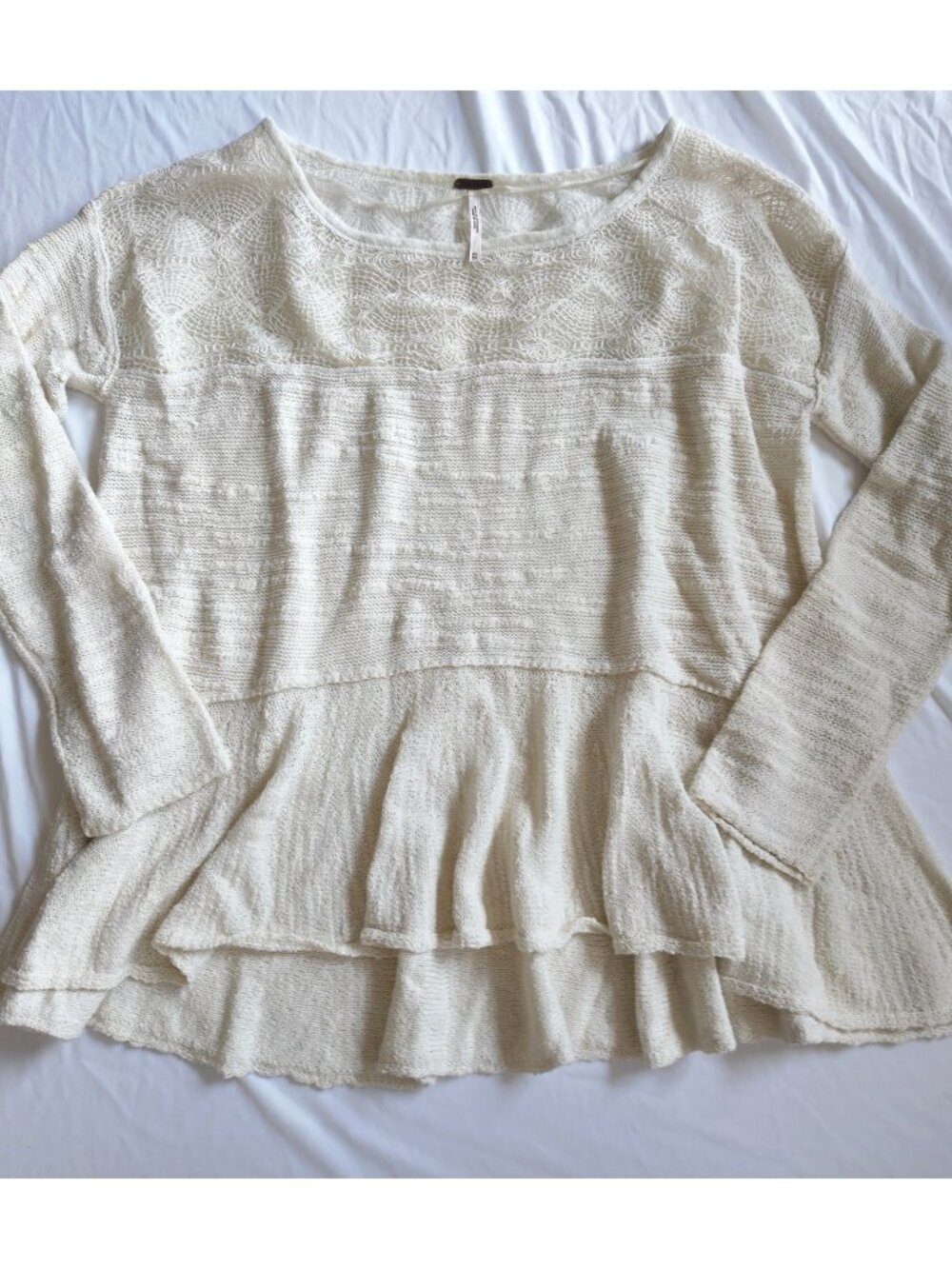 Free People Blouse Lace Yoke Boho Cream Cotton Sweater Size XS